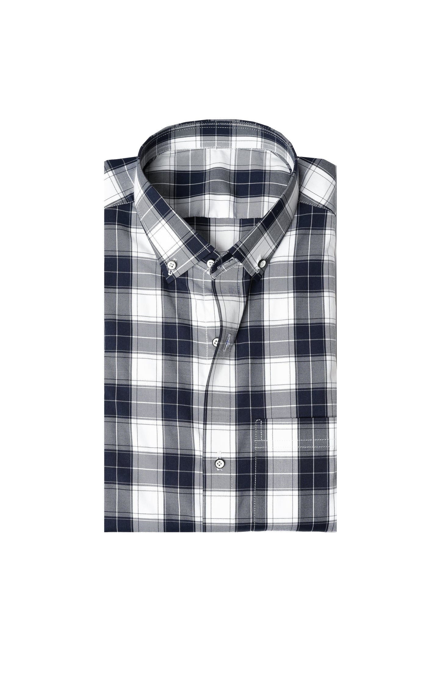 White Navy Blue Check Button-Down Collar Shirt