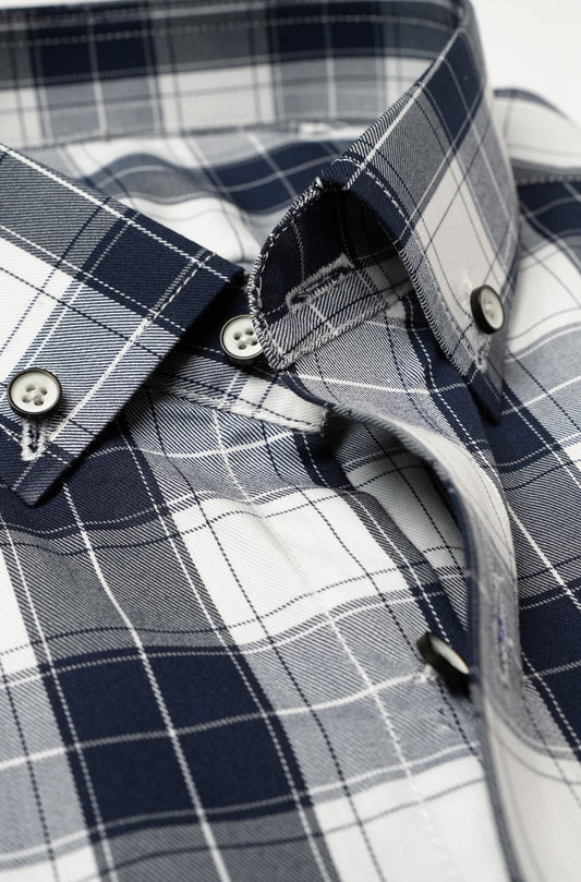 White Navy Blue Check Button-Down Collar Shirt