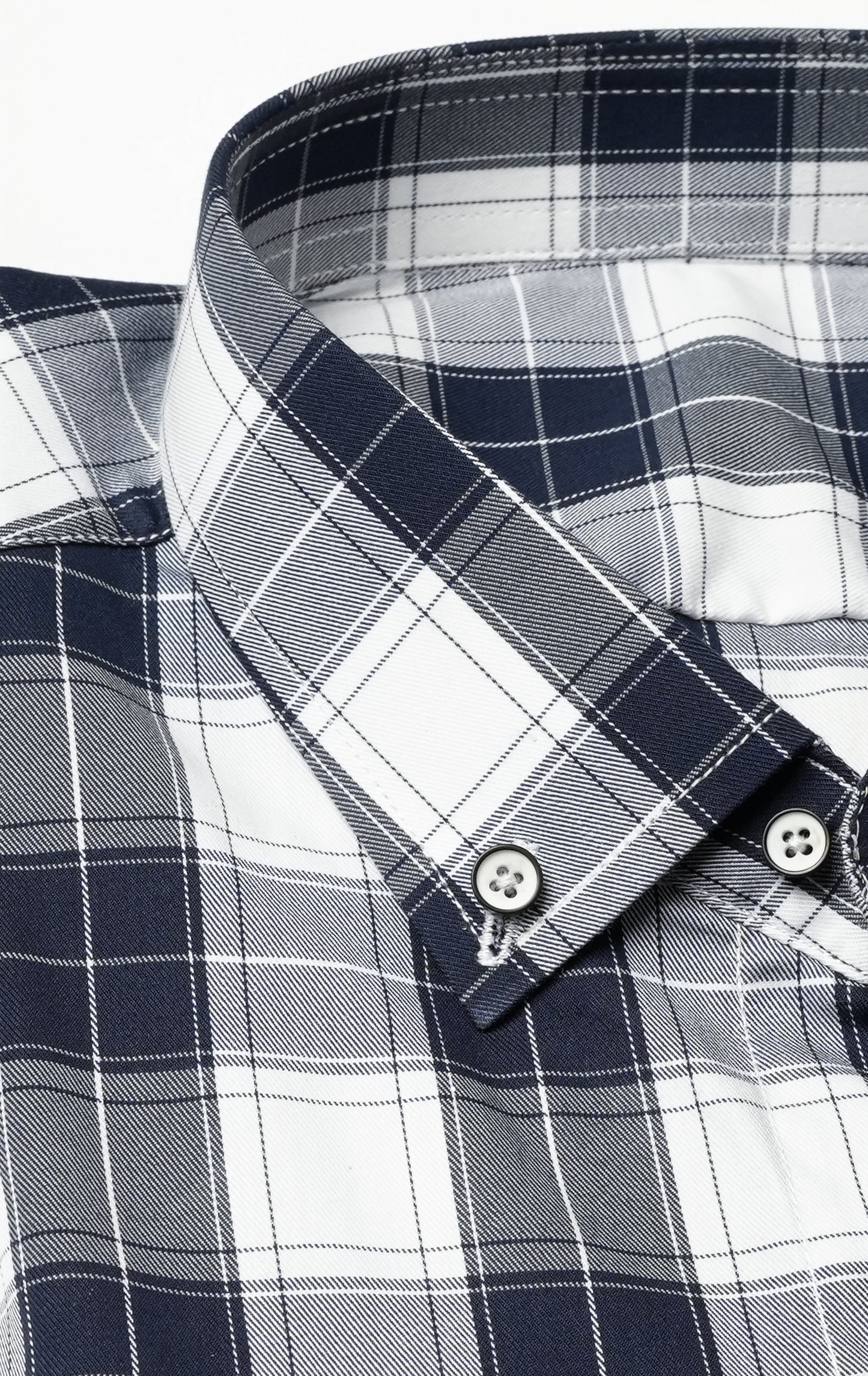 White Navy Blue Check Button-Down Collar Shirt