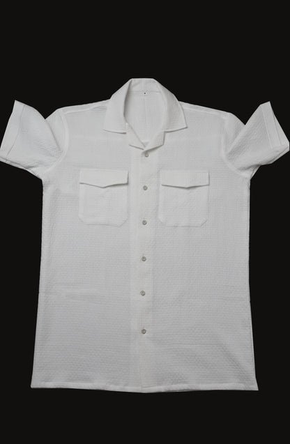Pearl White Dobby Weave Half Sleeve Old Money Shirt