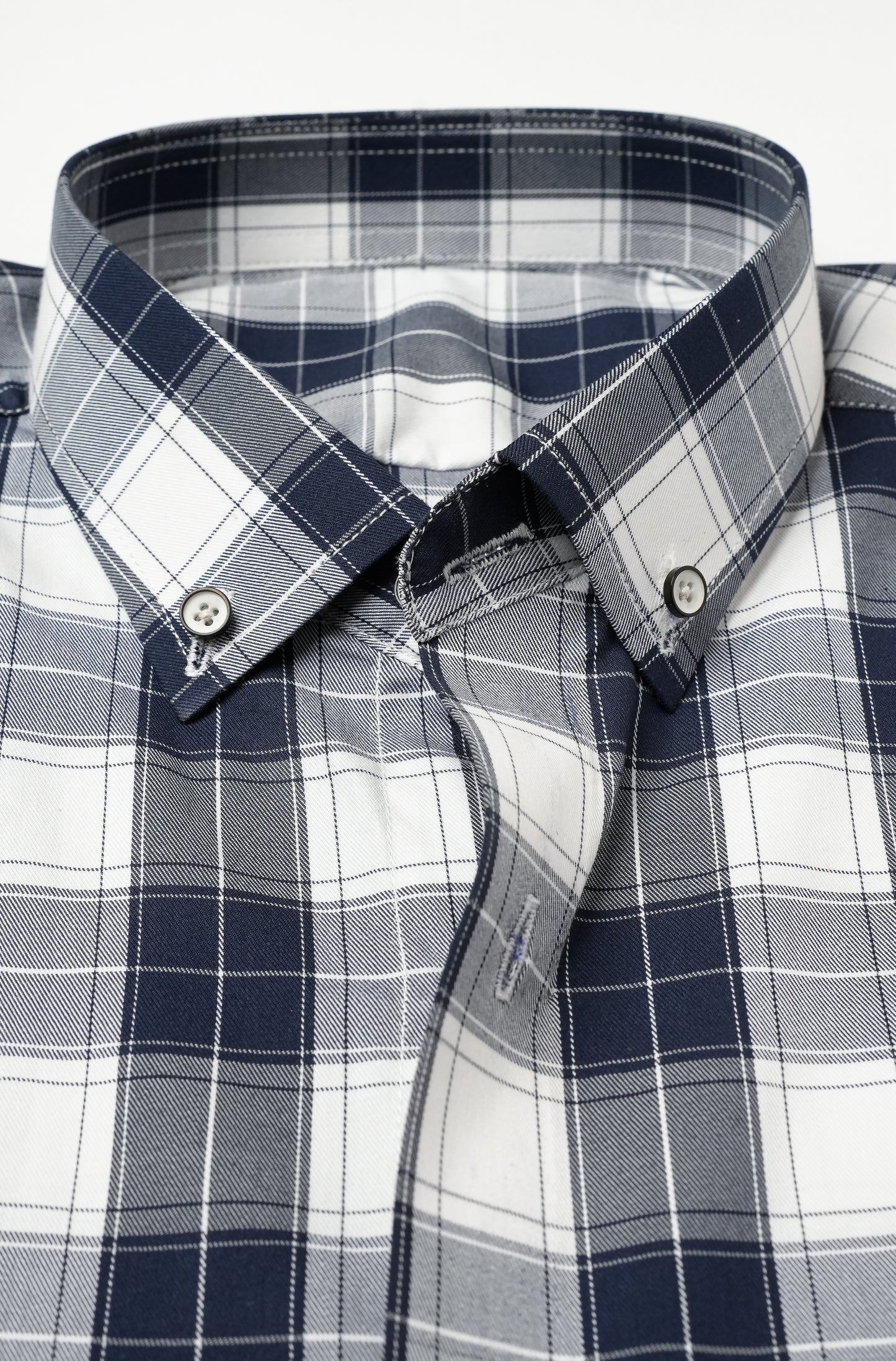 White Navy Blue Check Button-Down Collar Shirt