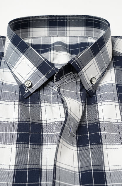 White Navy Blue Check Button-Down Collar Shirt