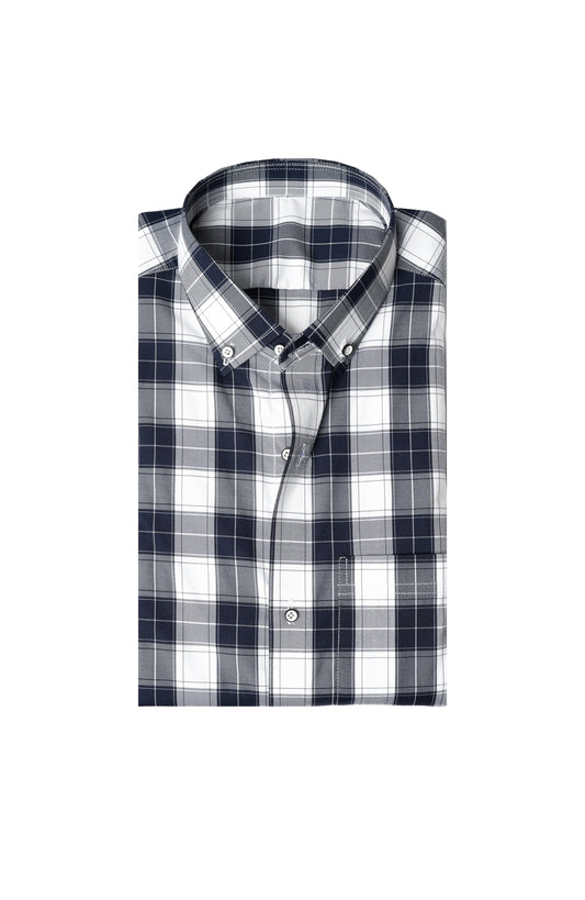 White Navy Blue Check Button-Down Collar Shirt