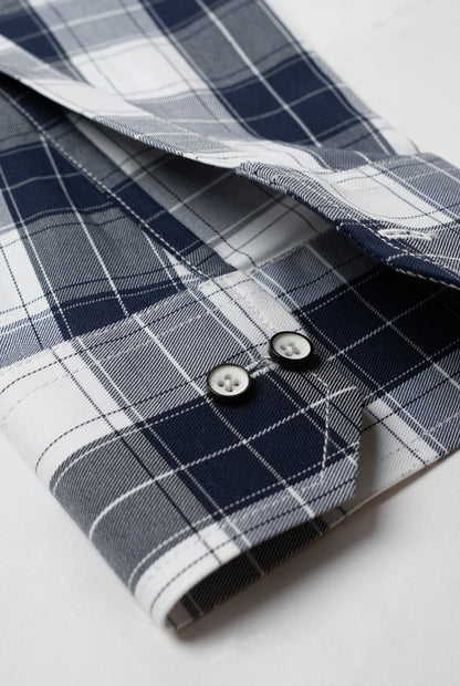 White Navy Blue Check Button-Down Collar Shirt