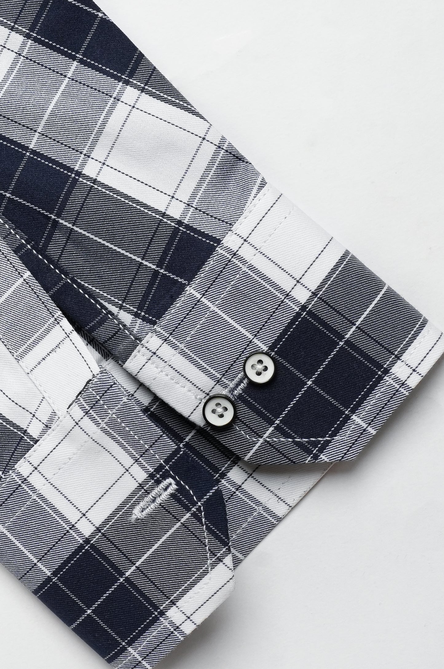 White Navy Blue Check Button-Down Collar Shirt