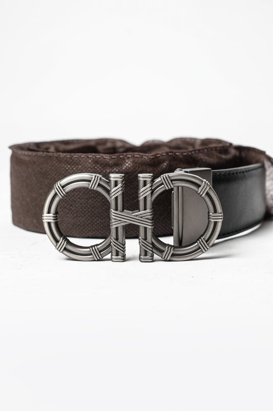 Black Leather Textured Buckle Belt